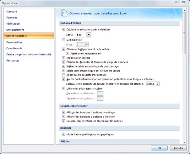 Capture d'écran - Options avancées dans Excel 2007