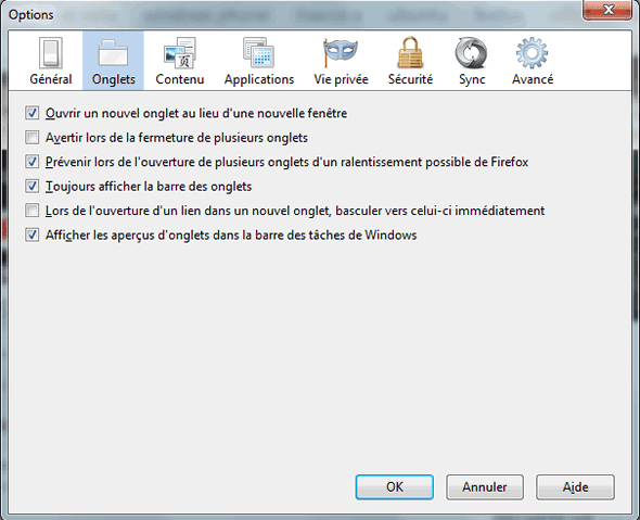 Capture d'écran - Options de Firefox 4, onglet Onglets