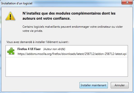 Capture d'écran - Installation de Firefox 4 IU Fixer