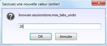 Capture d'écran - about:config, saisissez un nombre d'onglets
