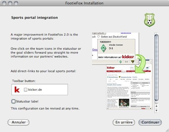 Capture d'écran - FootieFox, intégration du portail sportive