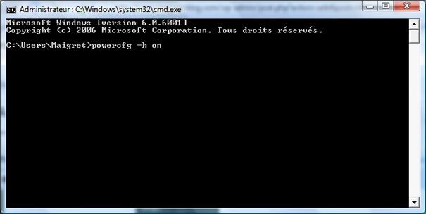 Capture d'écran - Invite de commandes, saisie de powercfg -h on