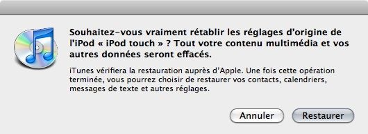 Capture d'écran - Avertissement avant RAZ de l'iPod touch