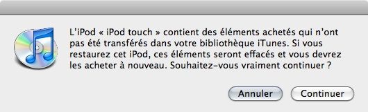 Capture d'écran - Avertissement avant suppression des éléments achetés sur iTunes Store