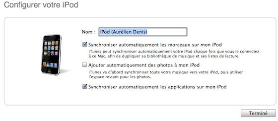 Capture d'écran - Options de synchronisation de l'iPod