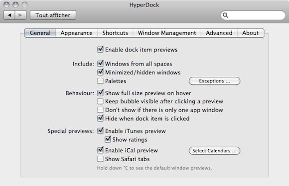 Capture d'écran - HyperDock, configuration générale