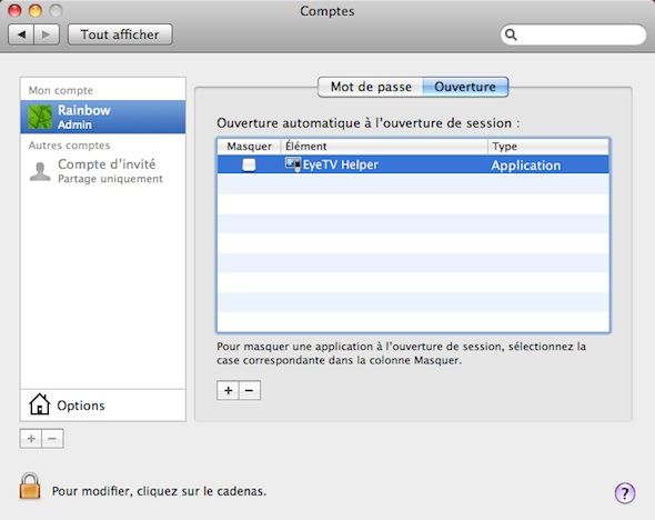 Capture d'écran - Options d'ouverture de session sous MacOS X Snow Leopard