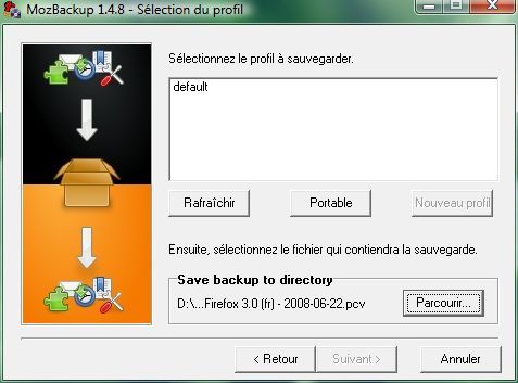 Capture d'écran - MozBackup, choix de l'emplacement de sauvegarde