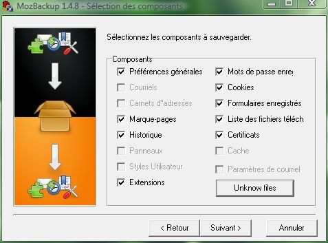 Capture d'écran - MozBackup, choix des éléments à sauvegarder