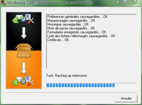 Capture d'écran - Processus de sauvegarde dans MozBackup