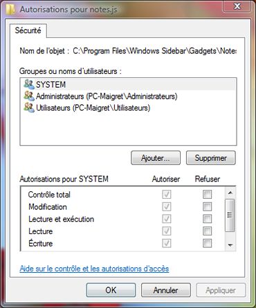 Capture d'écran - Modification des autorisations