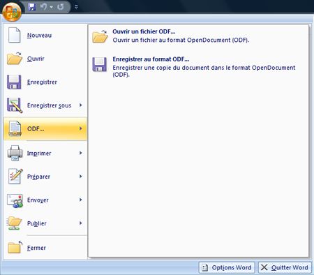 Capture d'écran - Menu Office doté du module ODF