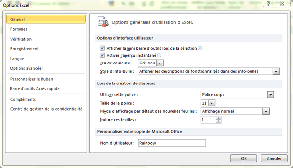 Capture d'écran - Options générales d'Excel 2010