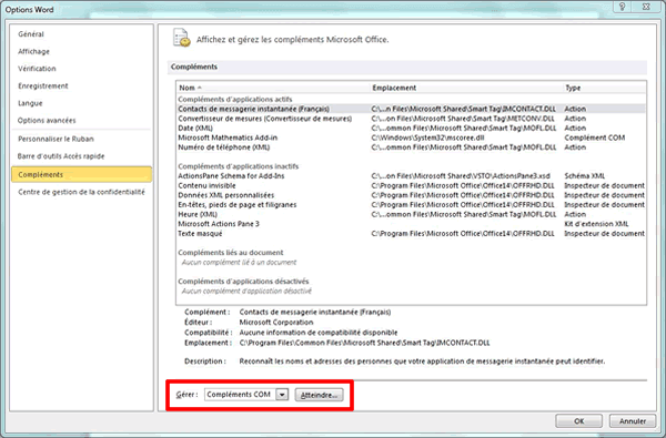 Capture d'écran - Options des compléments sous Word 2010