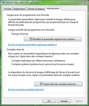 Capture d'écran - Options régionales et linguistiques, onglet Administration