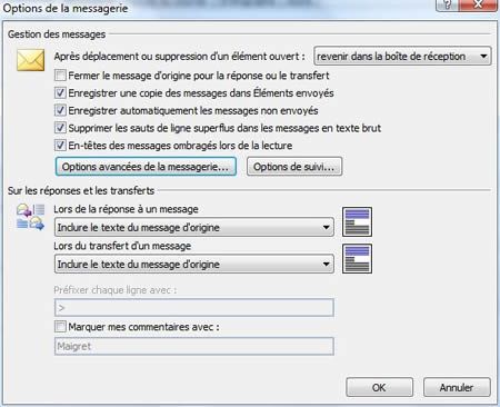 Capture d'écran - Outlook 2007, options de la messagerie