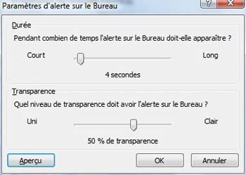 Capture d'écran - Outlook 2007, paramétres d'alertes sur le Bureau