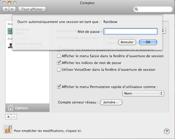 Capture d'écran - Options d'ouverture de session automatique sous MacOS X Snow Leopard