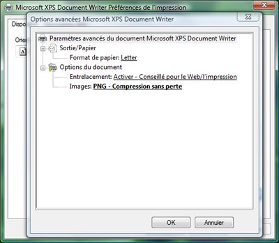 Capture d'écran - Options d'impression, Microsoft XPS Document Writer