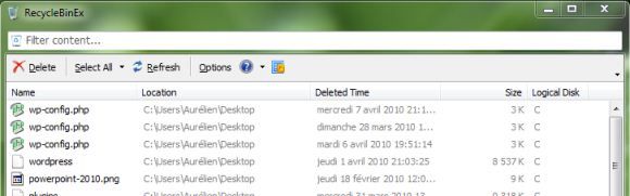 Capture d'écran - RecycleBinEx, explorateur spécialisé pour la corbeille