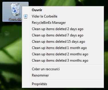 Capture d'écran - RecycleBinEx, menu contextuel de la corbeille