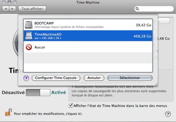 Capture d'écran - Choix de la partition de sauvegarde réseau via Time Machine