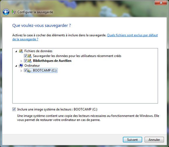 Capture d'écran - Configuration des données à sauvegarder