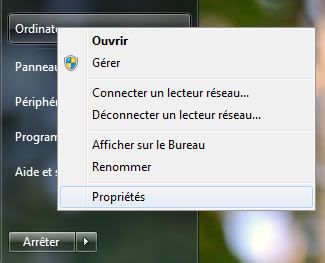 Capture d'écran - Menu Démarrer, accès aux propriétés systèmes