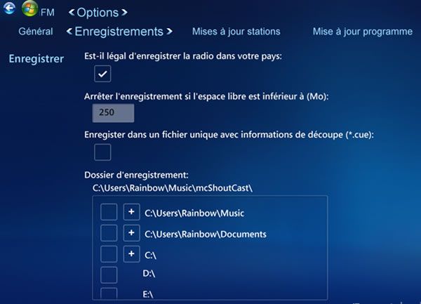 Capture d'écran - Options d'enregistrements de ShoutCast