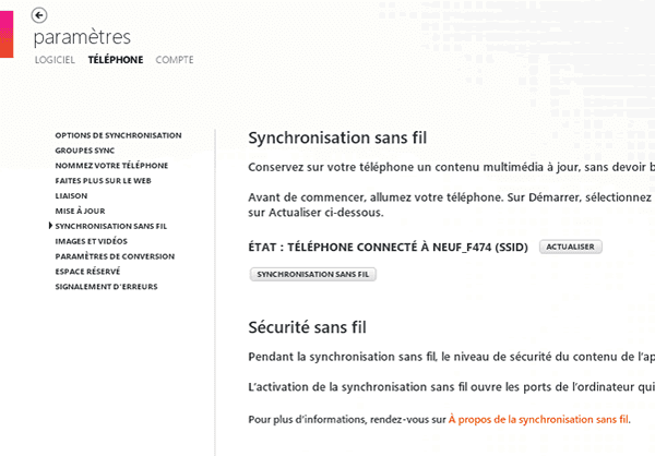 Capture d'écran - Options de Synchronisation sans fil sous Zune