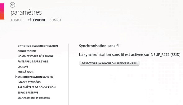 Capture d'écran - Options de synchronisation sans fil, Zune Software