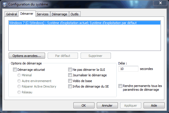 Capture d'écran - Onglet Démarrer de Configuration du système