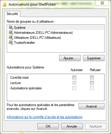 Capture d'écran - Fenêtre des Autorisations pour ShellFolder