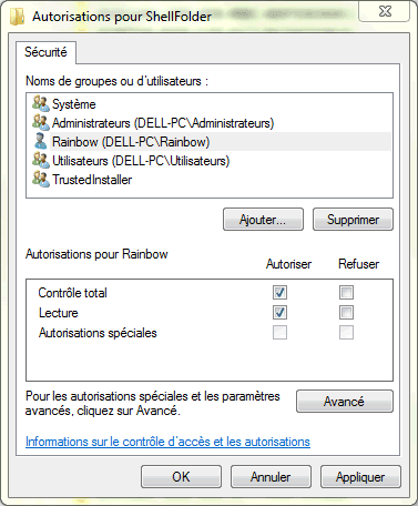 Capture d'écran - Autorisations pour ShellFolder