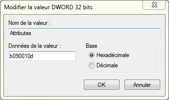 Capture d'écran - Modification de la valeur DWORD Attributes