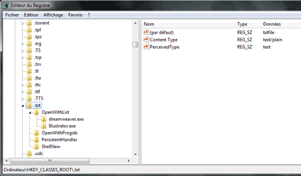 Capture d'écran - Editeur de Registre, clé HKEY_CLASSES_ROOT\.txt