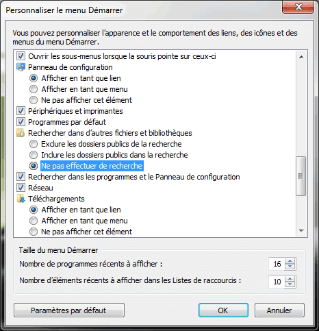 Capture d'écran - Personnaliser le menu Démarrer