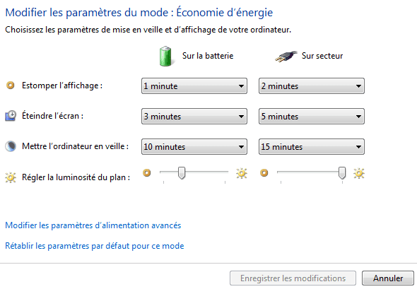 Capture d'écran - Paramètres du mode d'alimentation Economie d'Energie