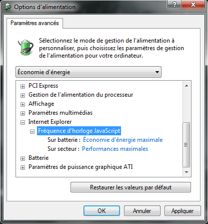 Capture d'écran - Options d'alimentation avancées pour Internet Explorer 9